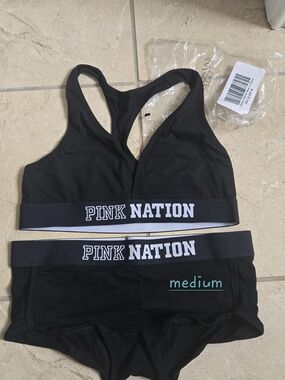 PINK Victoria's Secret Black PINK NATION Sports Bra & Brief Set